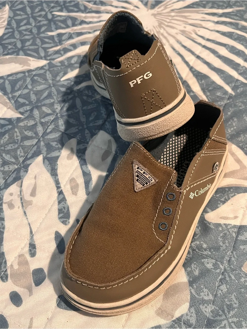 Columbia PFG Brown Canvas Rubber Boat Shoes Size 11 Slip On